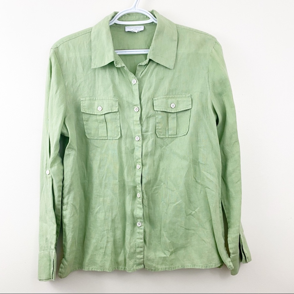 Charter Club Green 100% Linen Top Size 14P